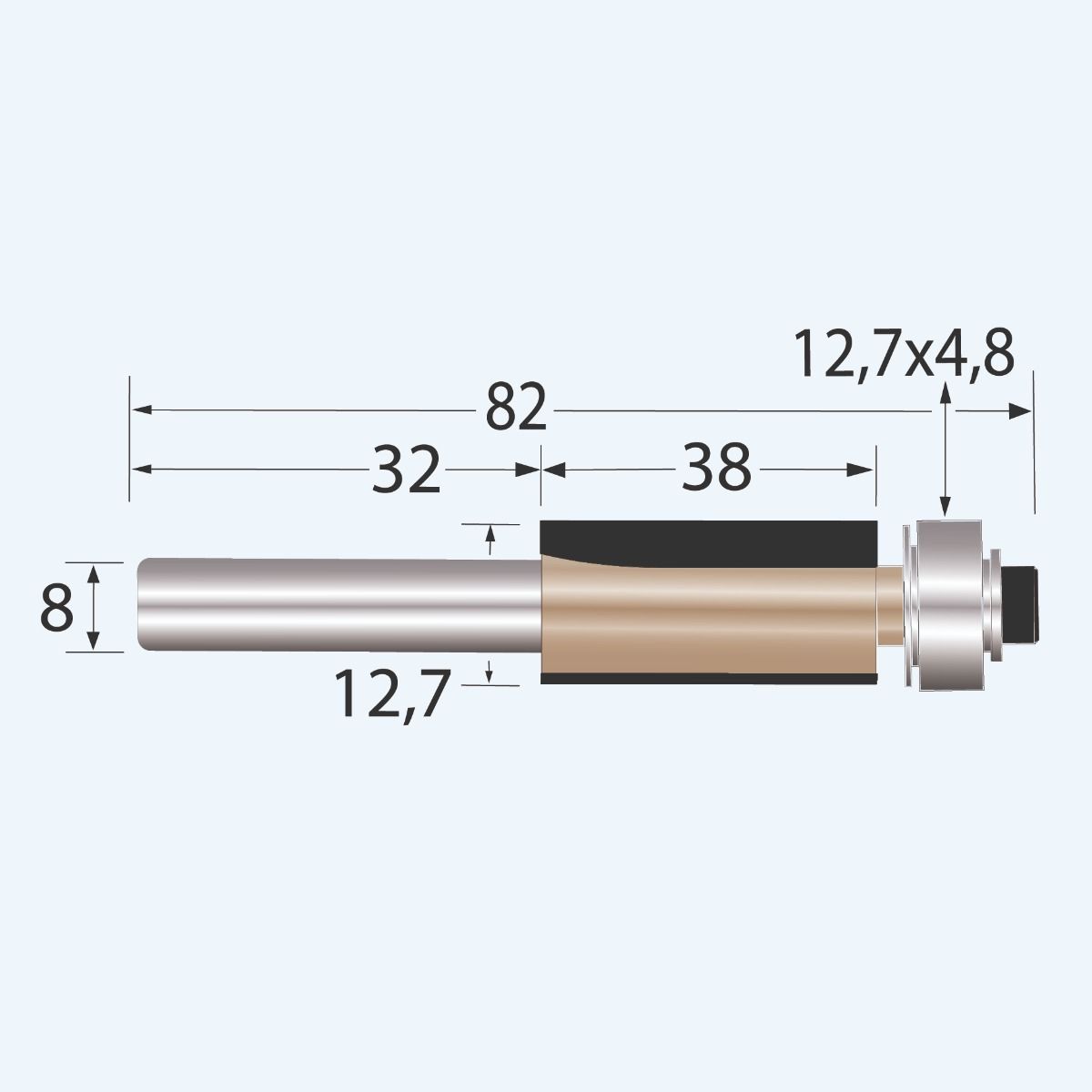 HM kantenfrees Industrial 12,7 x 38 mm met onderlager (met scherende sneden)
