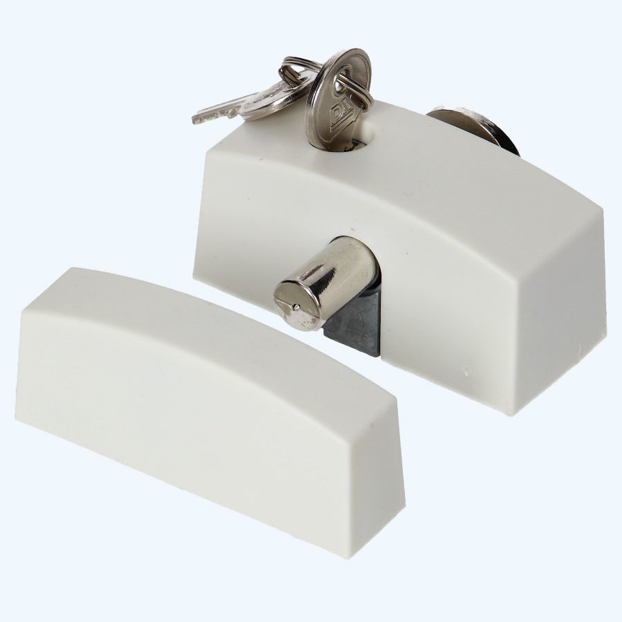 Aufschraubschloss schmal mit Zylinderschloss nach innen öffnend (weiß) Aufschraubschloss schmal mit Zylinderschloss nach innen öffnend (weiß)